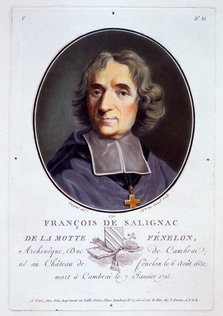 François Fénelon, från "Porträtt av stora män, illustra kvinnor och minnesvärda ämnen i Frankrike, graverade och tryckta i färger", utgiven av Pierre Blin, 1786-92, Paris (färgstick) av Antoine Louis Francois Sergent Marceau