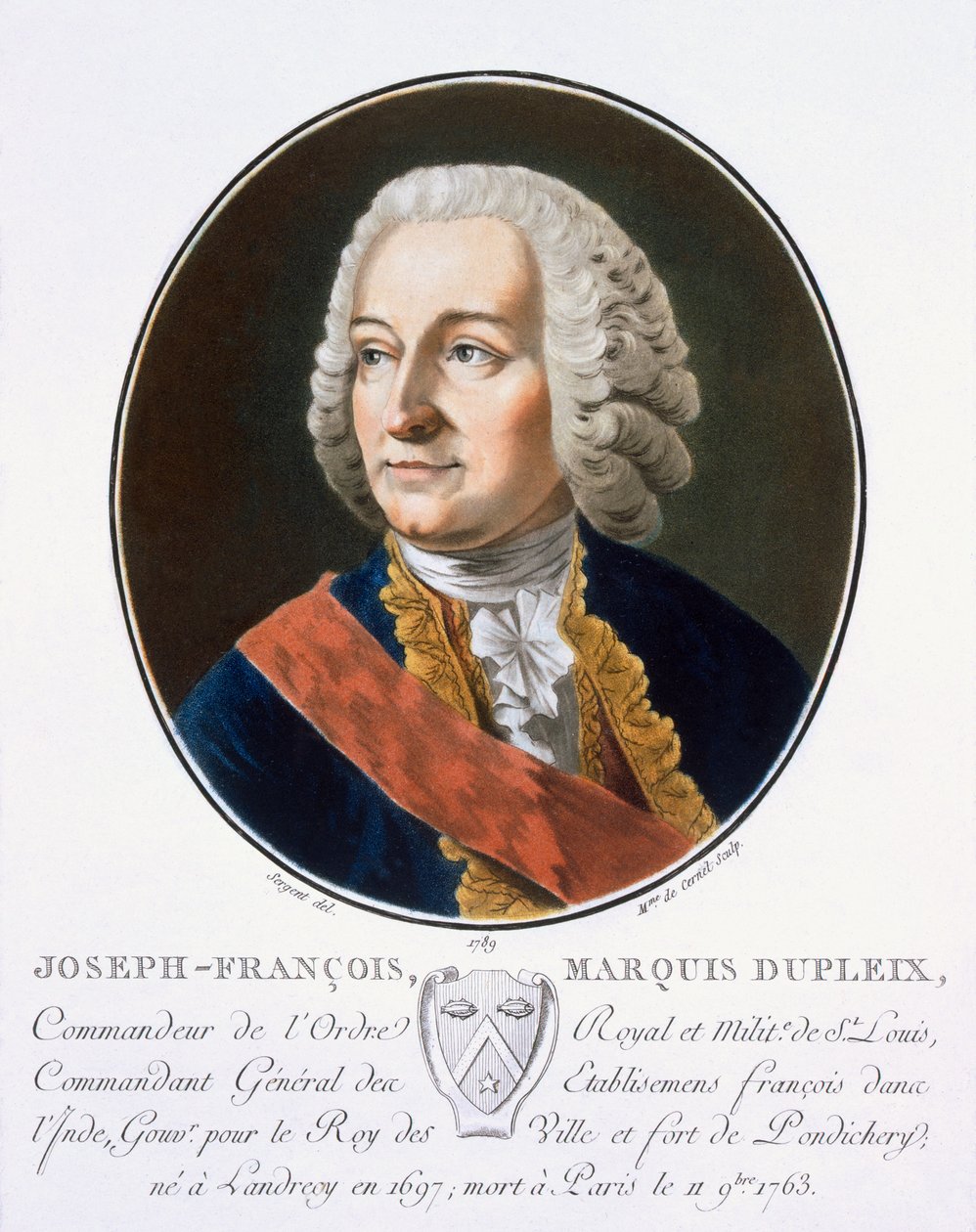 Joseph-Francois, Marquis Dupleix, från "Porträtt av stora män, berömda kvinnor och minnesvärda ämnen i Frankrike, graverade och tryckta i färger", utgiven av Pierre Blin, 1786-92, Paris (färg av Antoine Louis Francois Sergent Marceau