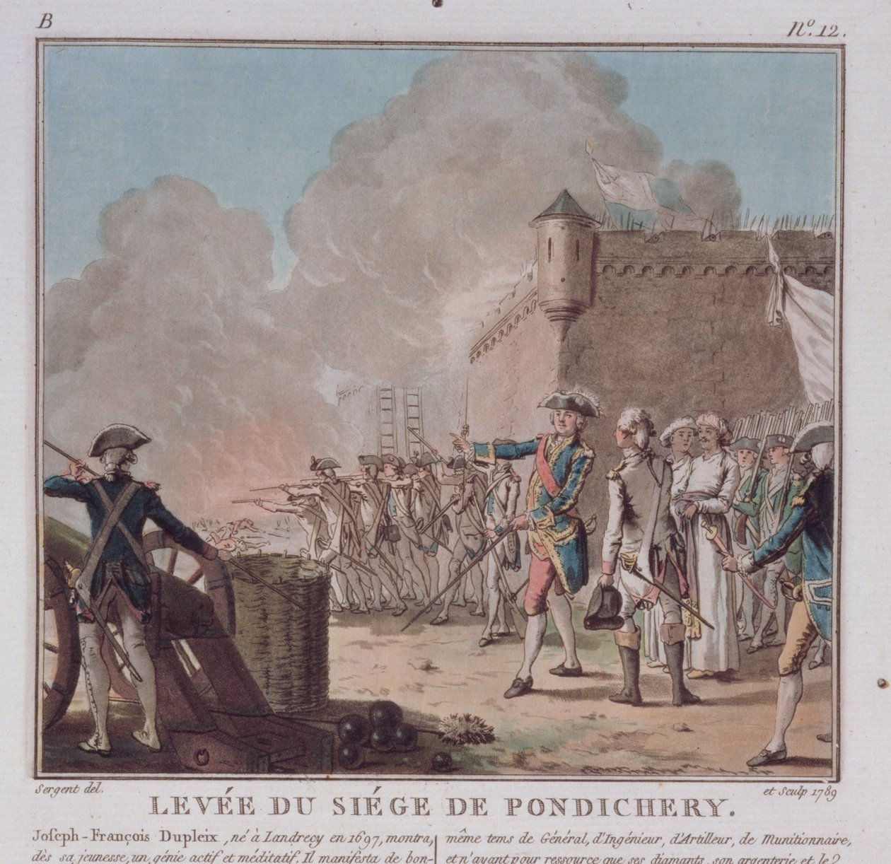 Upphävande av belägringen av Pondicherry, 1748, graverad 1789 av Antoine Louis Francois Sergent Marceau