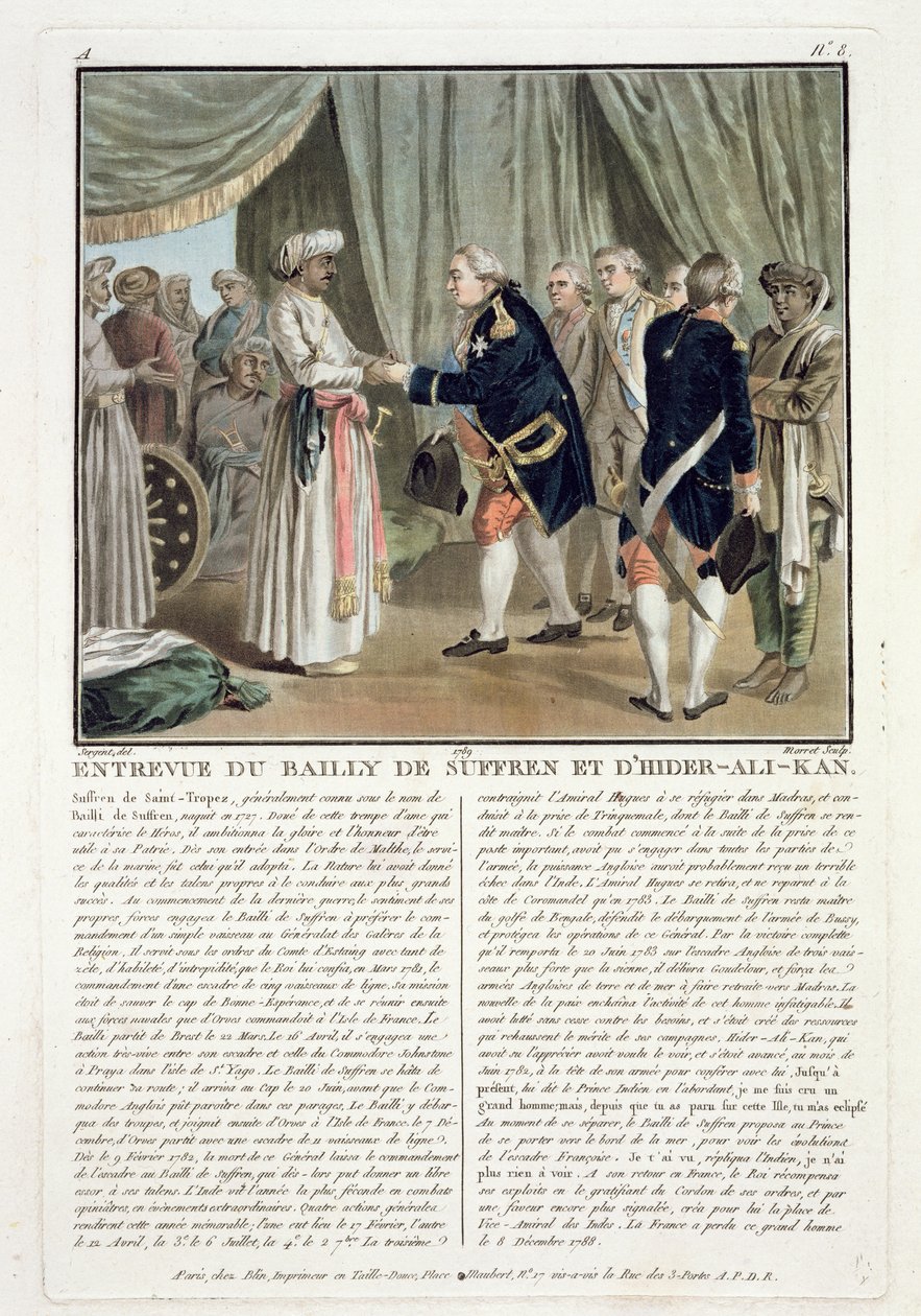 Möte mellan Pierre Andre de Suffren de Saint Tropez (1729-88) och Haider Ali (1728-82), 1782, graverad av Jean Baptiste Morret (fl.1790-1820), 1789 av Antoine Louis Francois Sergent Marceau