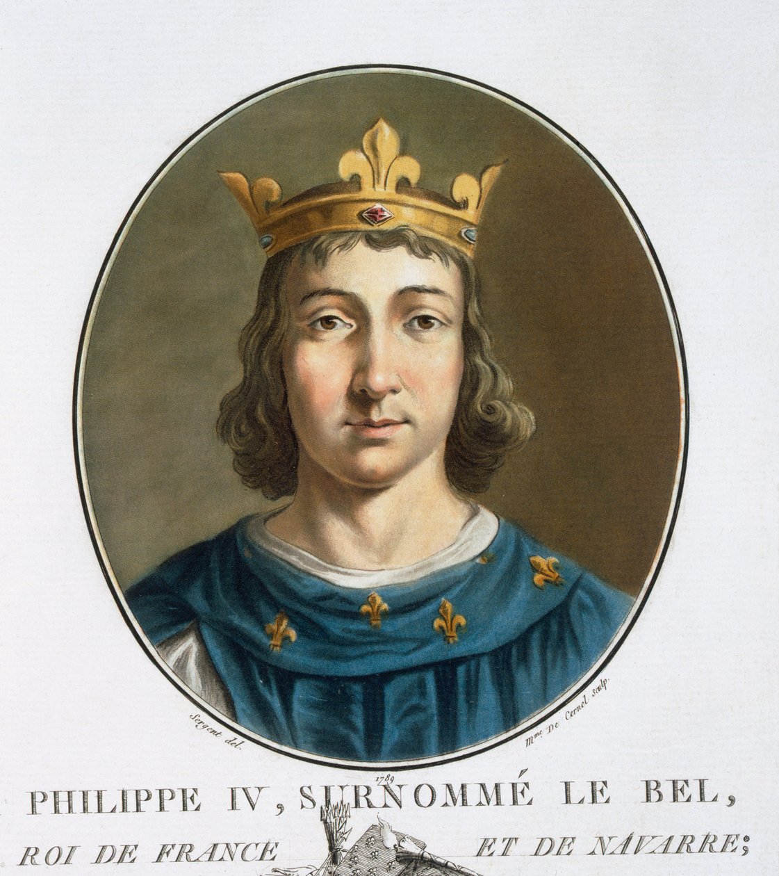 Philippe IV, från "Porträtt av stora män, illustra kvinnor och minnesvärda ämnen i Frankrike, graverade och tryckta i färger", utgiven av Pierre Blin, 1786-92, Paris (färgstick) av Antoine Louis Francois Sergent Marceau