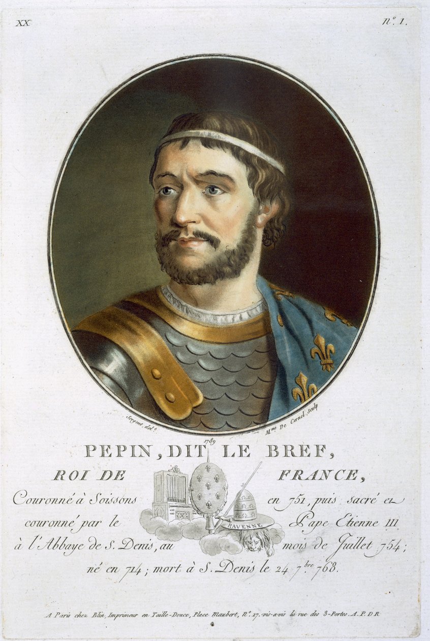 Porträtt av Pepin, kallad "Le Bref", kung av Frankrike (714-768), graverat av Madame de Cernel, 1789 av Antoine Louis Francois Sergent Marceau