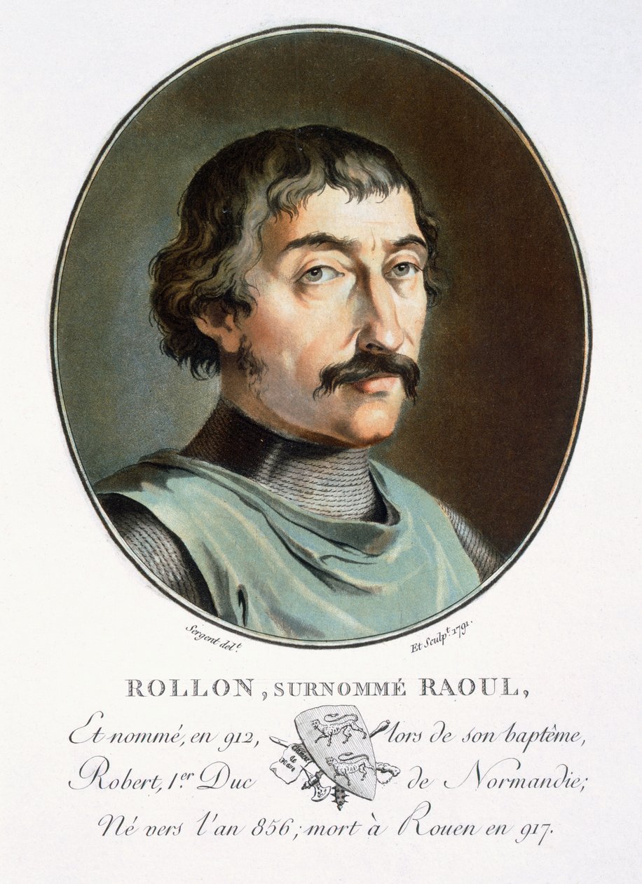 Dansken Rollo, hertig av Normandie, från "Porträtt av stora män, illustra kvinnor och minnesvärda ämnen i Frankrike, graverade och tryckta i färger", utgiven av Pierre Blin, 1786-92, Paris (färg av Antoine Louis Francois Sergent Marceau