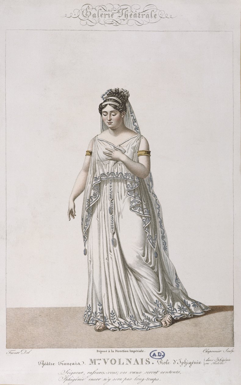 Porträtt av Madame Volnais i rollen som Iphigenia, för Iphigenia in Aulis av Christoph von Gluck (1714-87) för Galerie Theatrale-serien, ca 1815 av Antoine Pierre Charles Favart