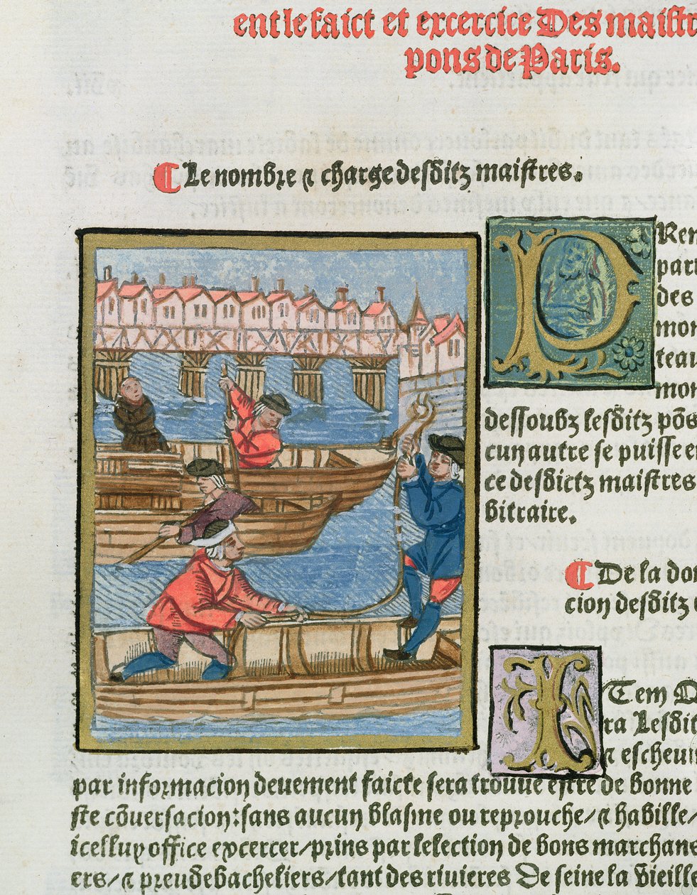 Färjeskeppare på floden Seine, från "Ordonnances Royaux de la Juridiction de la Prevote des Marchands de la Ville de Paris", 1528 (wc och gouache på papper) av Antoine Verard