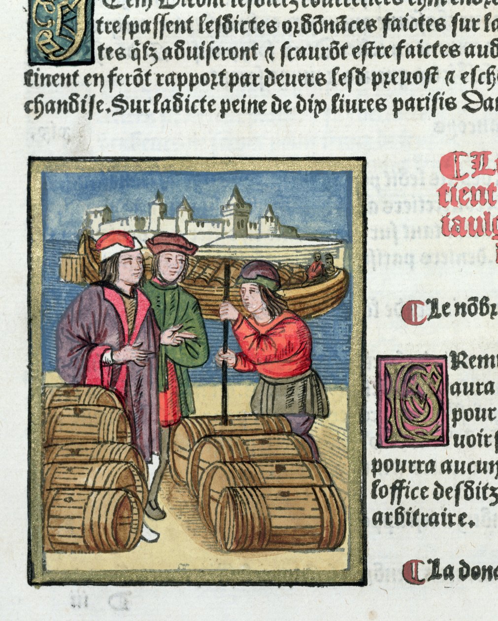 Mätning och transport av vin, från "Ordonnances Royaux de la Juridiction de la Prevote des Marchands de la Ville de Paris", 1528 (wc och gouache på papper) av Antoine Verard