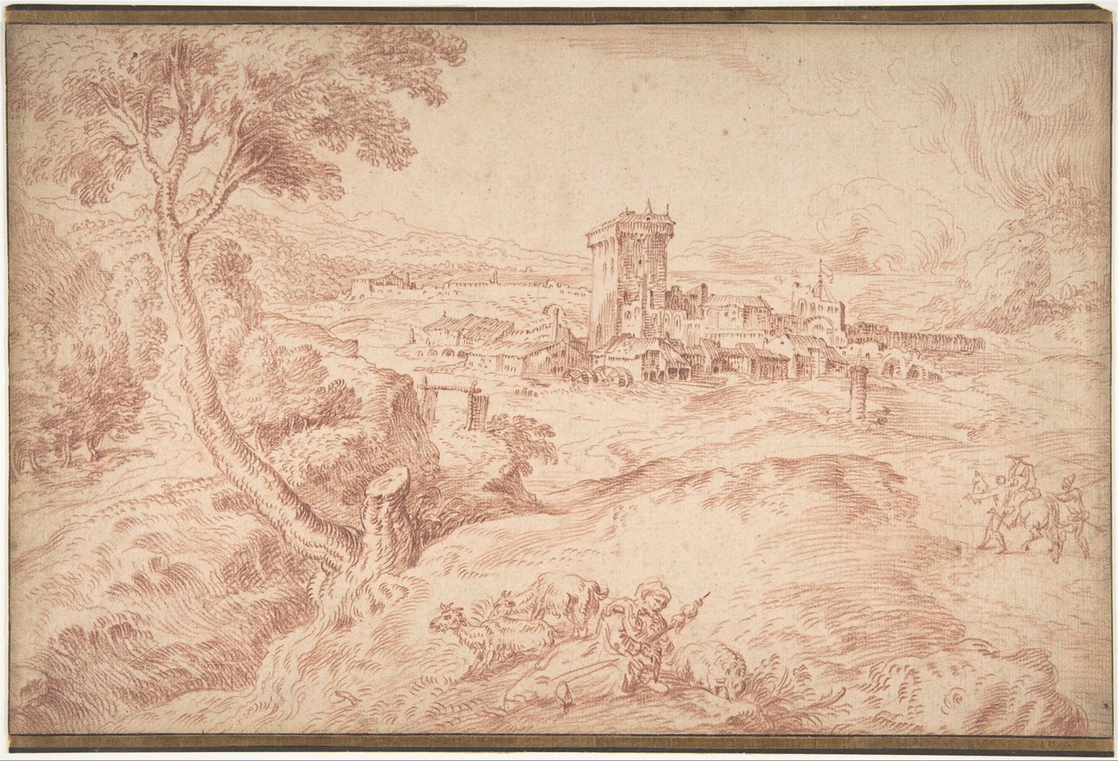 Landskap med en gammal kvinna som håller en spindel av Jean Antoine Watteau