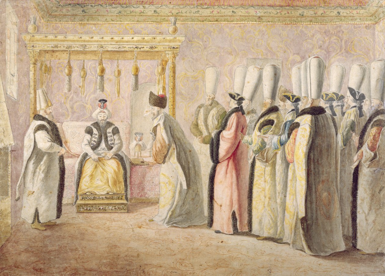 Avskedspublik av den franske ambassadören Charles Gravier (1717-87), Comte de Vergennes, med sultanen Mustafa III (1717-74) i Konstantinopel den 17 december 1768 av Antoine de Favray