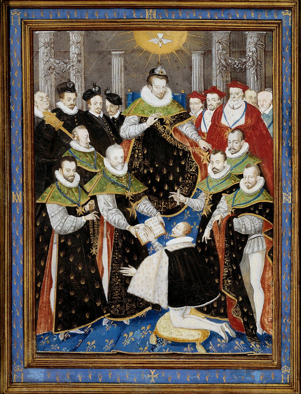 Kung Henrik III (1551-1589) som presiderade över den första ceremonin av den Helige Andes Orden (Den Helige Andes Orden) 1587 Miniatyr av William Richardiere (1500-talet) efter Antoine Caron (1521-1599) 1587 Chantilly, Musee Conde - Kung Henrik III (15 av Antoine (after) Caron