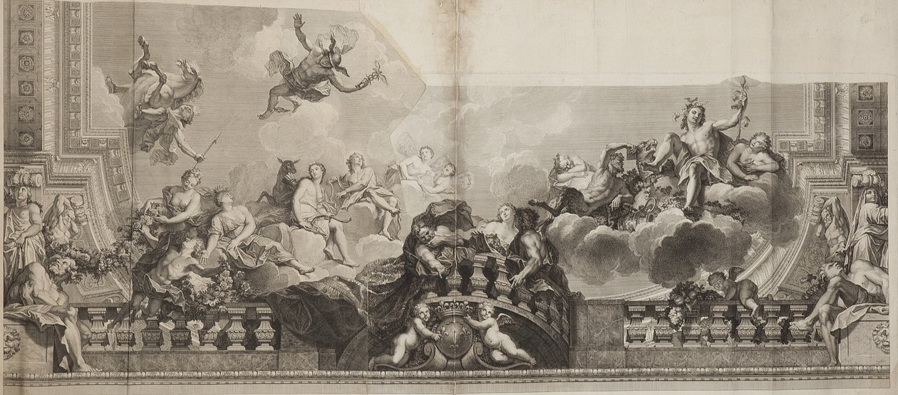Design av mittpanelen i taket i Palais Royal, graverad av Nicolas Henri Tardieu (1674-1749) av Antoine (after) Coypel