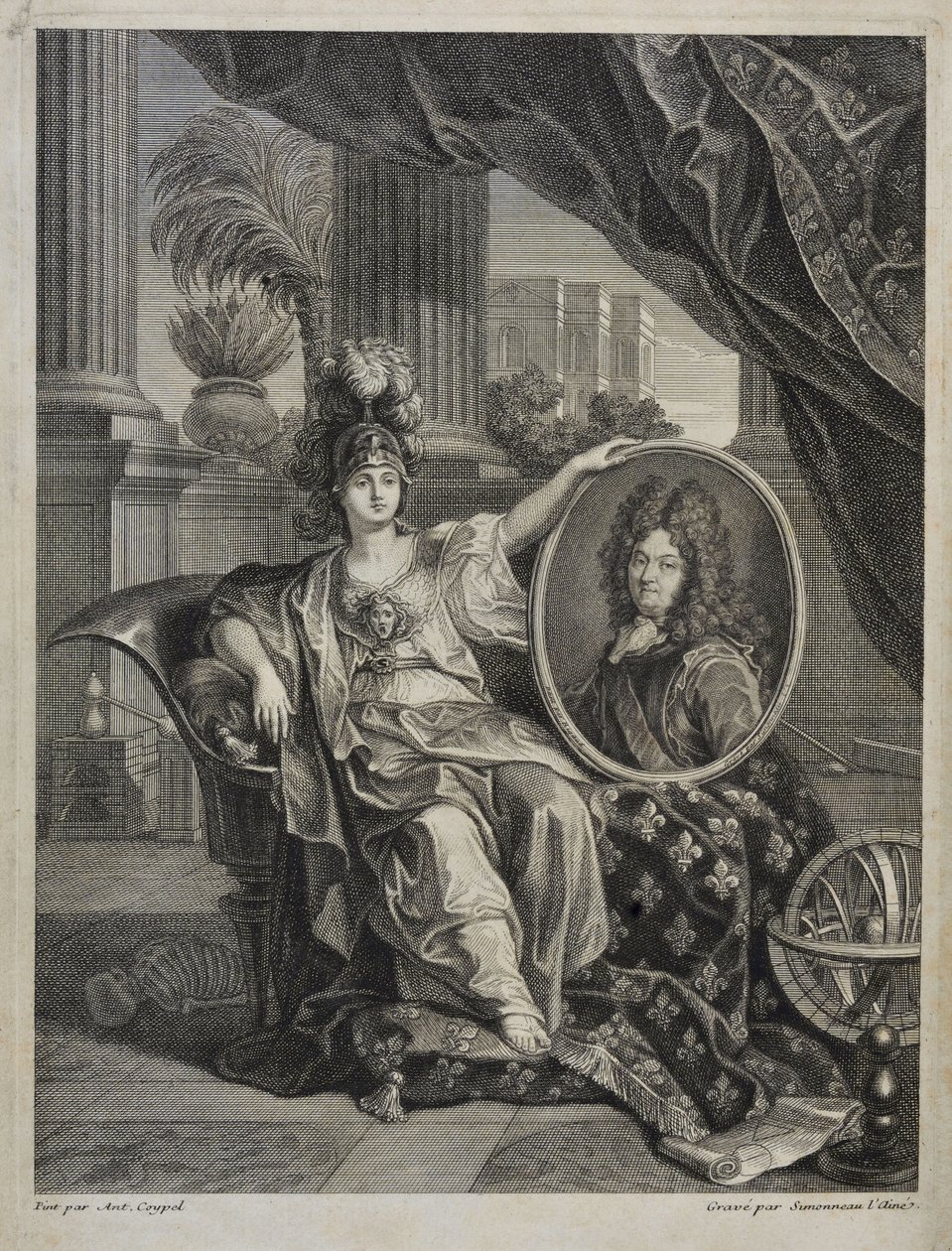 Ludvig XIV, kung av Frankrike, vetenskapens beskyddare - gravyr av Antoine Coypel Kungliga vetenskapsakademiens historia, år 1703 av Antoine (after) Coypel