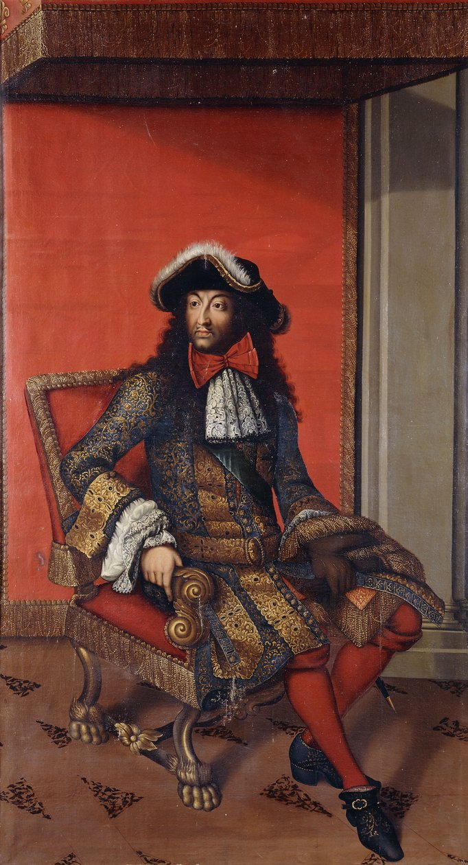 Porträtt av kung Ludvig XIV, sittande i full längd, i en broderad blå och guldrock med en vit ruff och en pälsklippt hatt, på en tron (olja på duk, ofodrad) av Antoine (after) Dieu