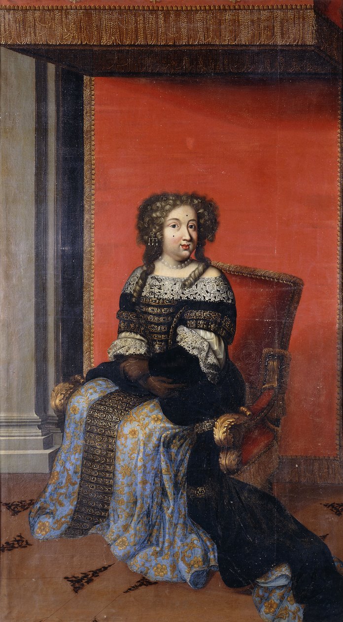 Porträtt av drottning Maria Theresa, sittande i full längd, i ett juvelbelagt svart livstycke med spetskrage och en blå och guldkjol, på en tron (olja på duk, ofodrad) av Antoine (after) Dieu