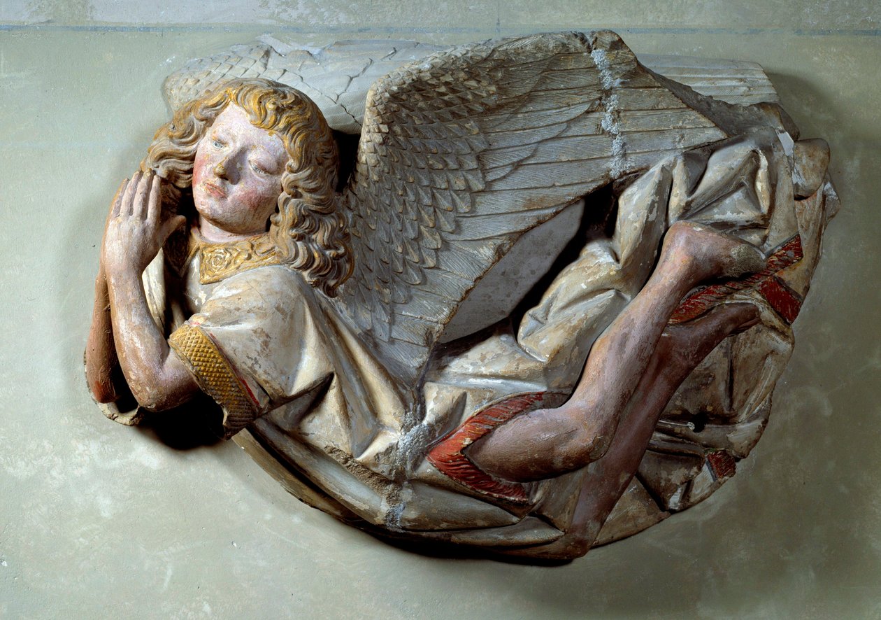 Flygande ängelrelief i polykrom kalksten attribut till Antoine the Moiturier (1425-1495) och avsedd för "The Mise au tombeau som erbjuds av Jaquotin Ogier och hans fru Pernette". från Chapelles des Carmes i Semur i Auxois. 1490 ca. Sol. 0,57x0,4 av Antoine (attr. to) Le Moiturier