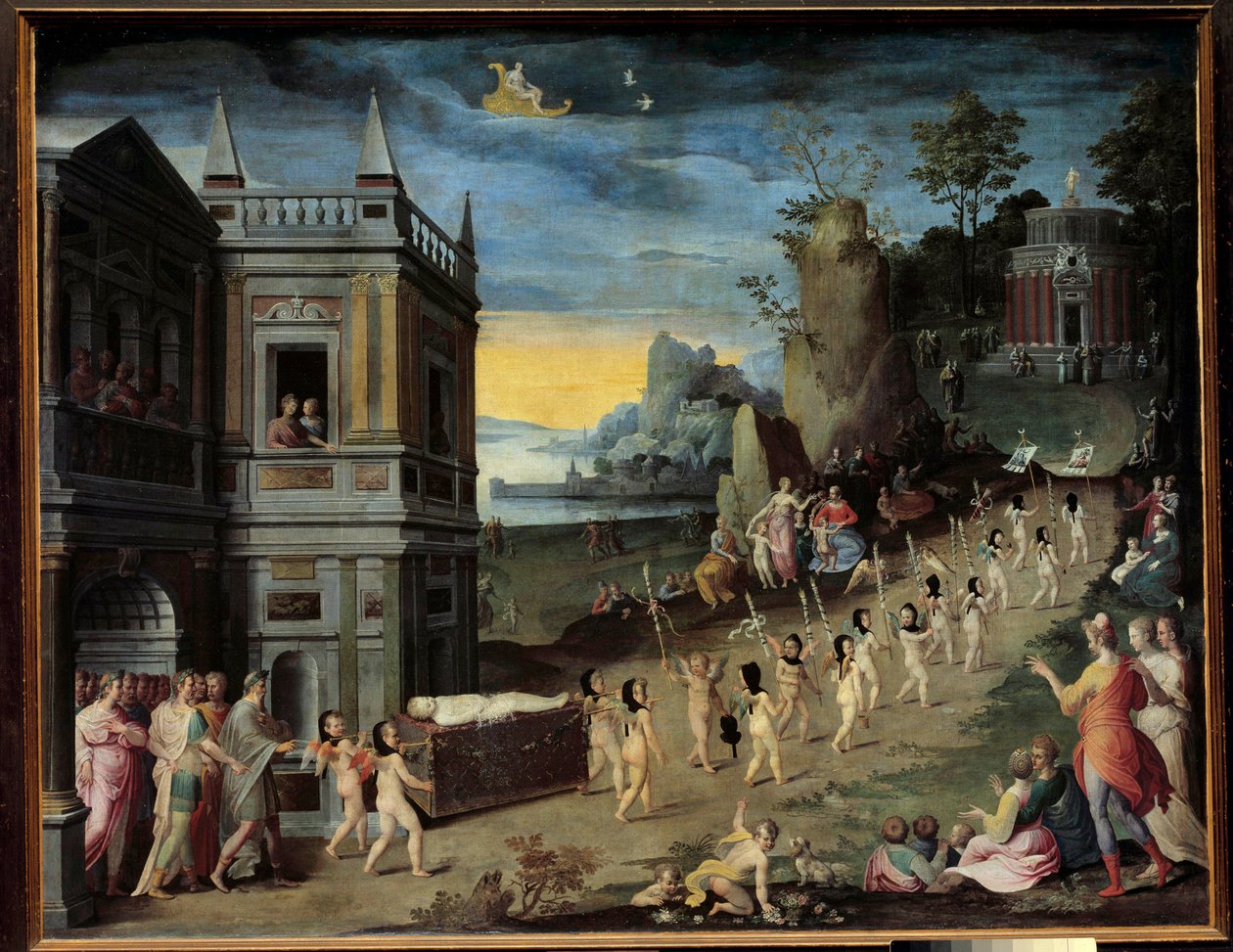 Allegori: kärlekens begravning En begravningståg som bär Eros kropp är på väg mot Venus tempel. Målning av Antoine Carons verkstad (1521-1599) av Antoine (studio of) Caron