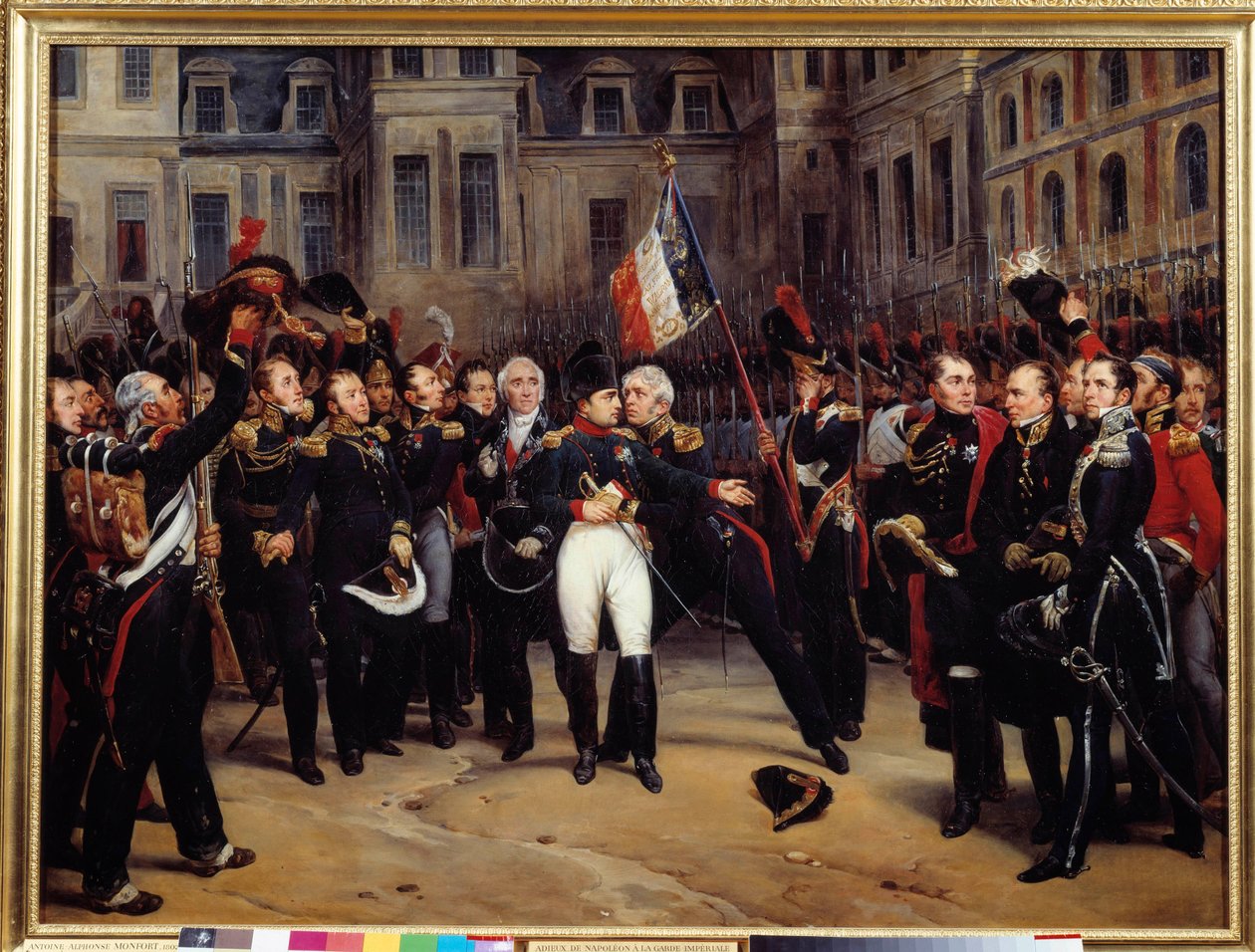 Abdikation av 1814 - "" Napoleon Bonapartes (1769-1821) farväl till den kejserliga vakten på gården av Cheval Blanc i Fontainebleau den 20/04/1814"" Målning av Antoine Montfort (1802-1884) 1800-talet sön. 0,98x1,3 m av Antoine Alphonse Montfort