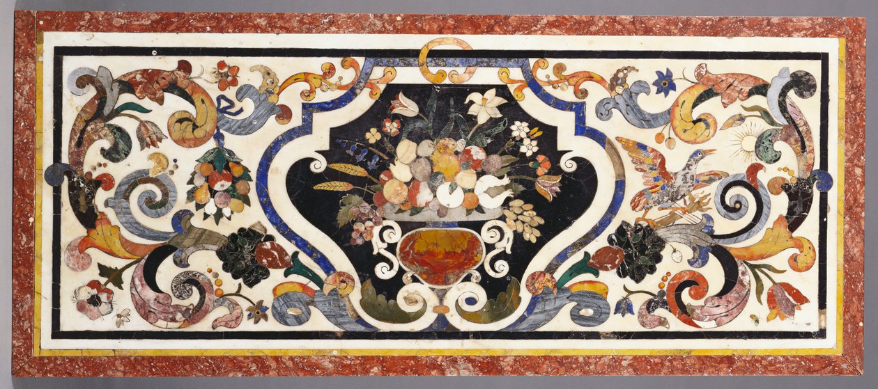 En florentinsk pietra dura bordsskiva centrerad av en skål med frukt och blommor av Antoine Auguste Ernest Herbert or Hebert