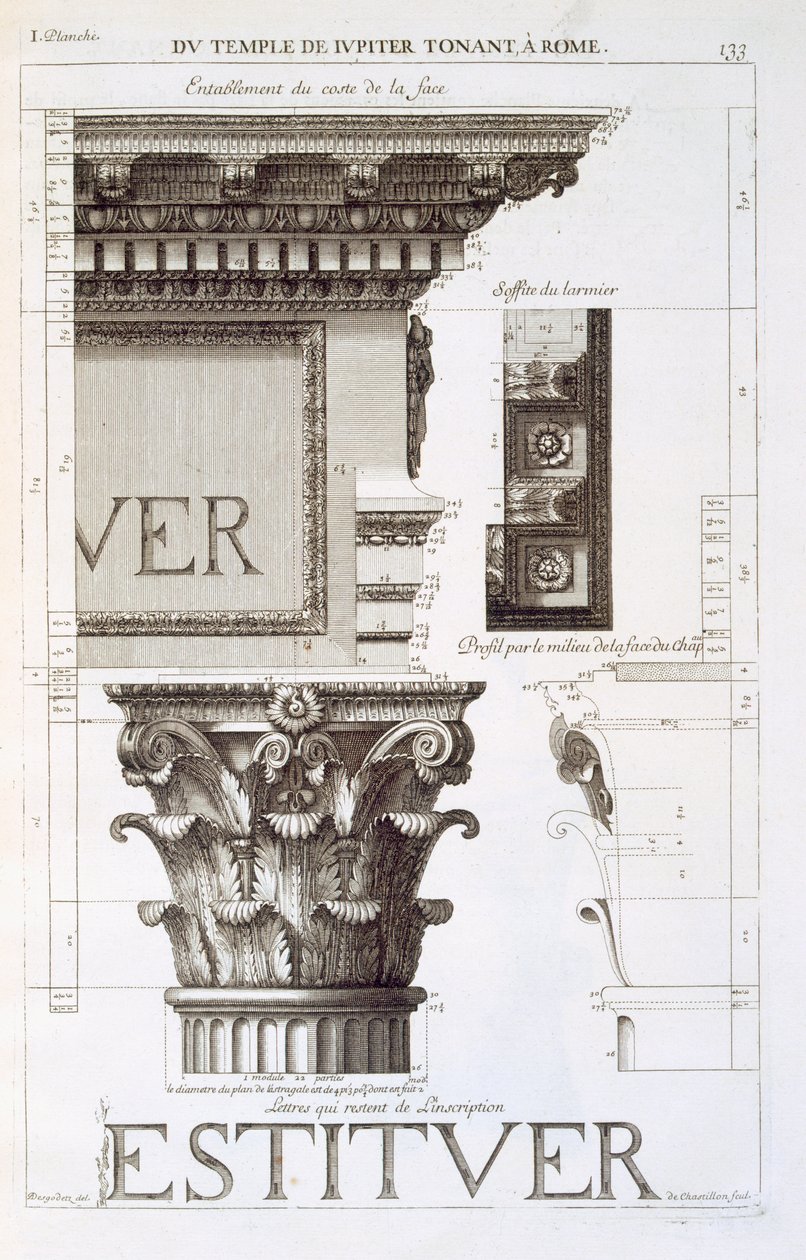 Entablatur, huvudstad och inskription från Jupiter Tonans tempel (The Thunderer), från 