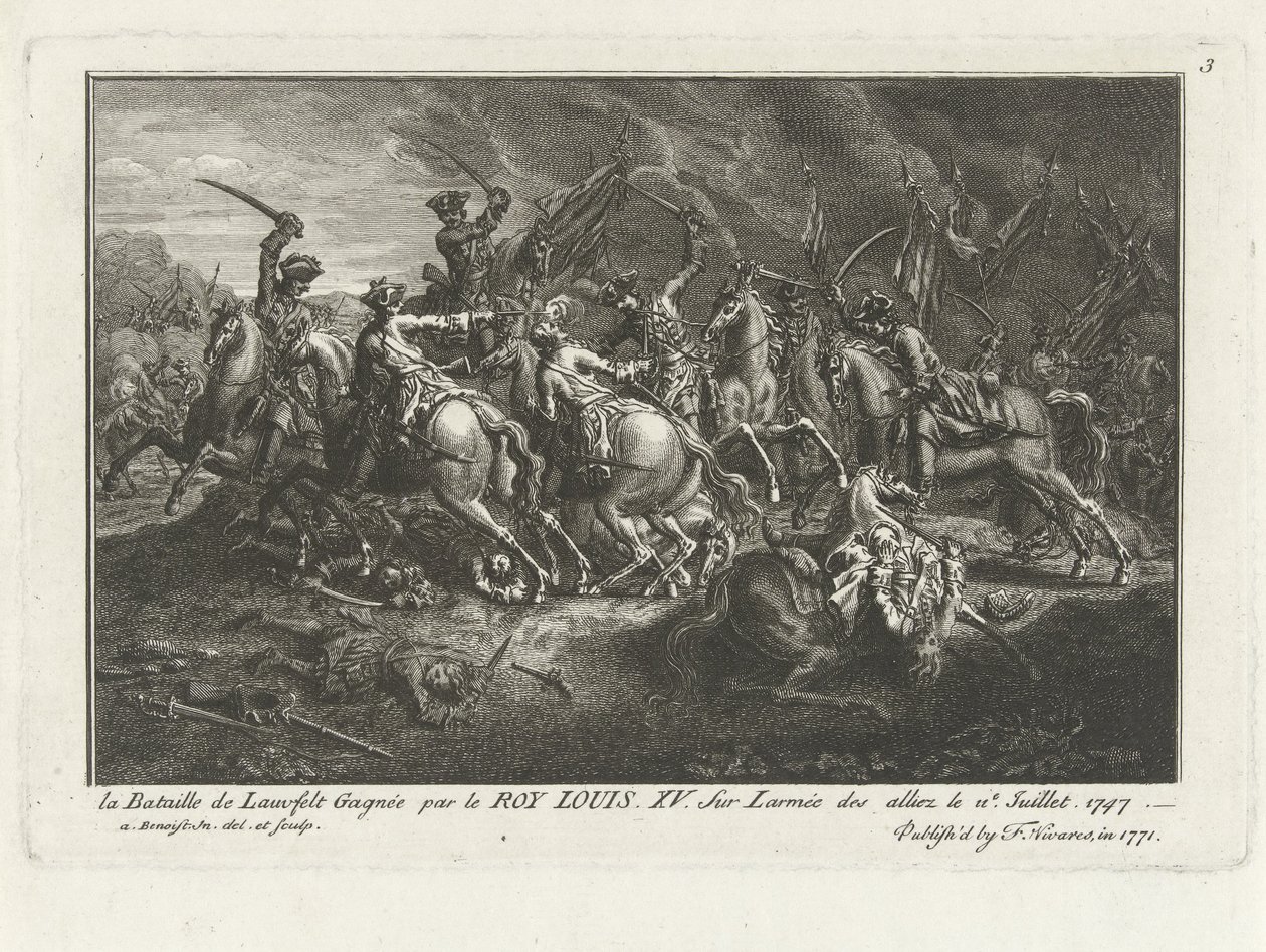 Utsikt över slaget vid Lauffeldt (Lafeld, nära Maastricht) den 2 juli 1747 under det österrikiska tronföljdskriget av Antoine Benoist