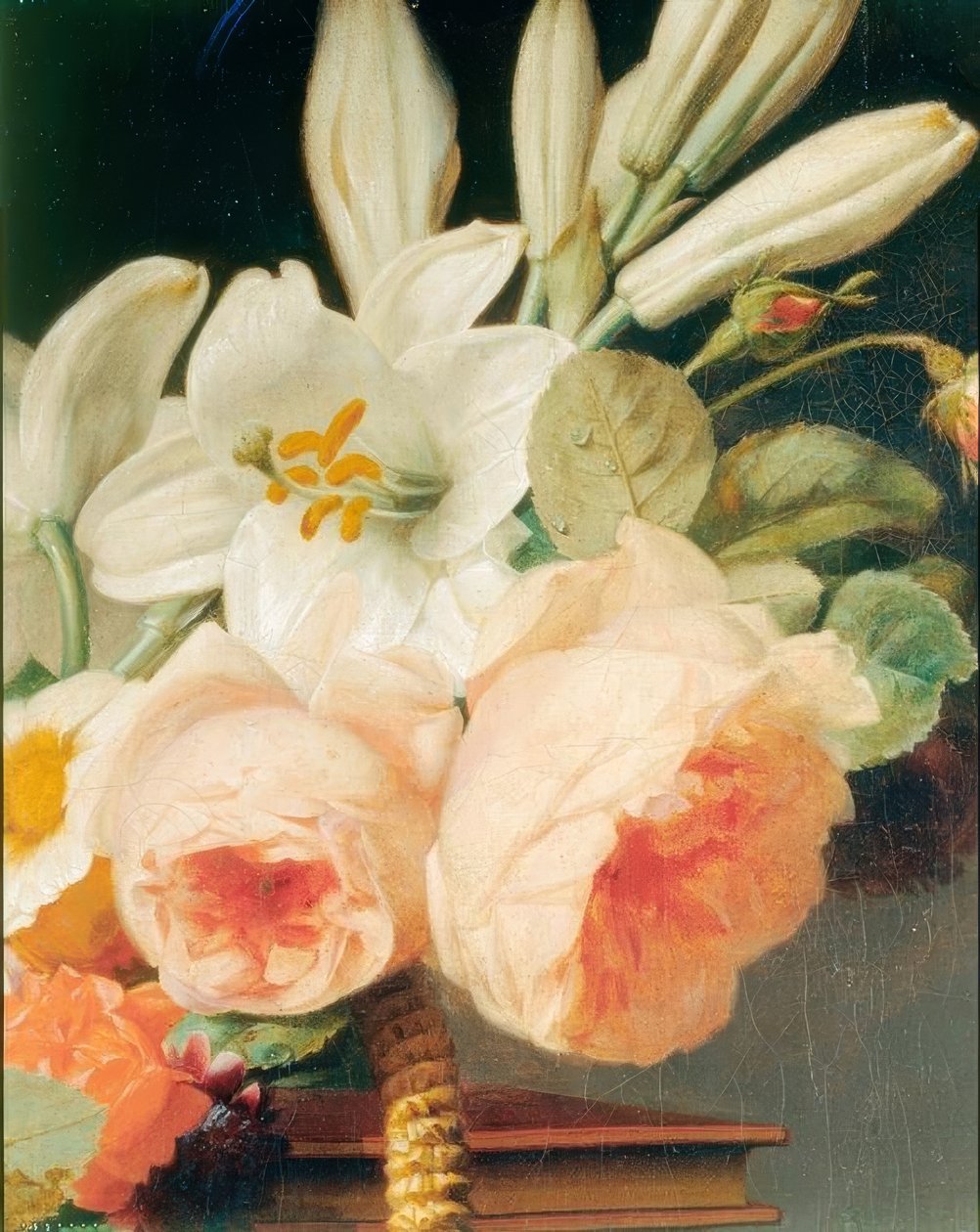 Bukett med liljor och rosor i en korg på en chiffonier (detalj) av Antoine Berjon