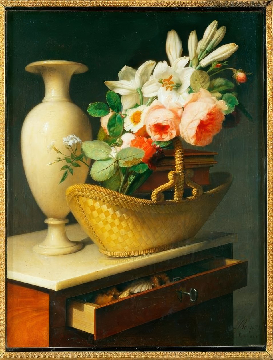 Bukett liljor och rosor i en korg på en chiffonier av Antoine Berjon