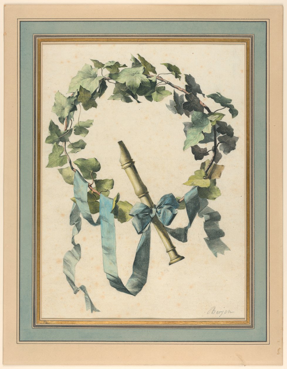 Teckning, Trofé med flöjt, murgröna och blått band, 1780-90 av Antoine Berjon