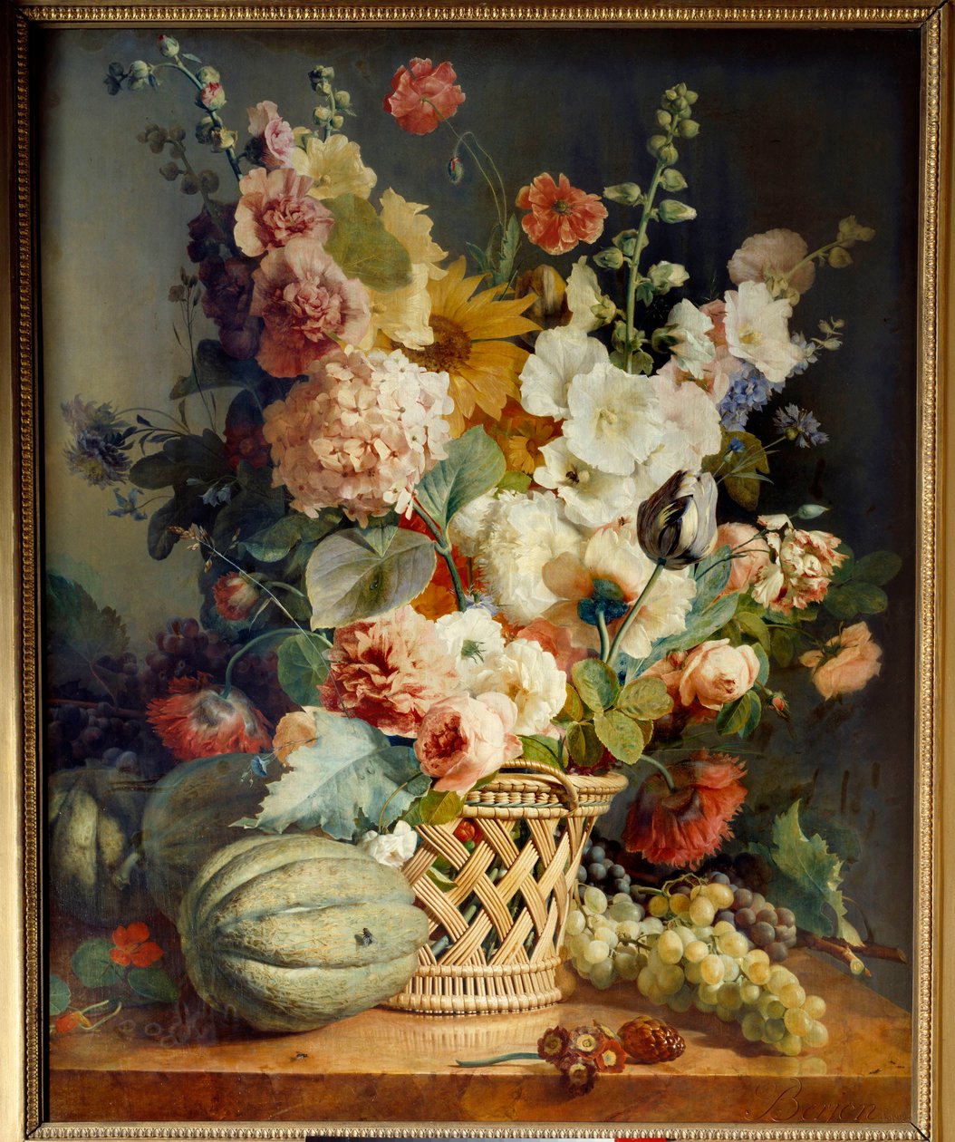 Blommor och frukt i en flätad korg. Målning av Antoine Berjon av Antoine Berjon