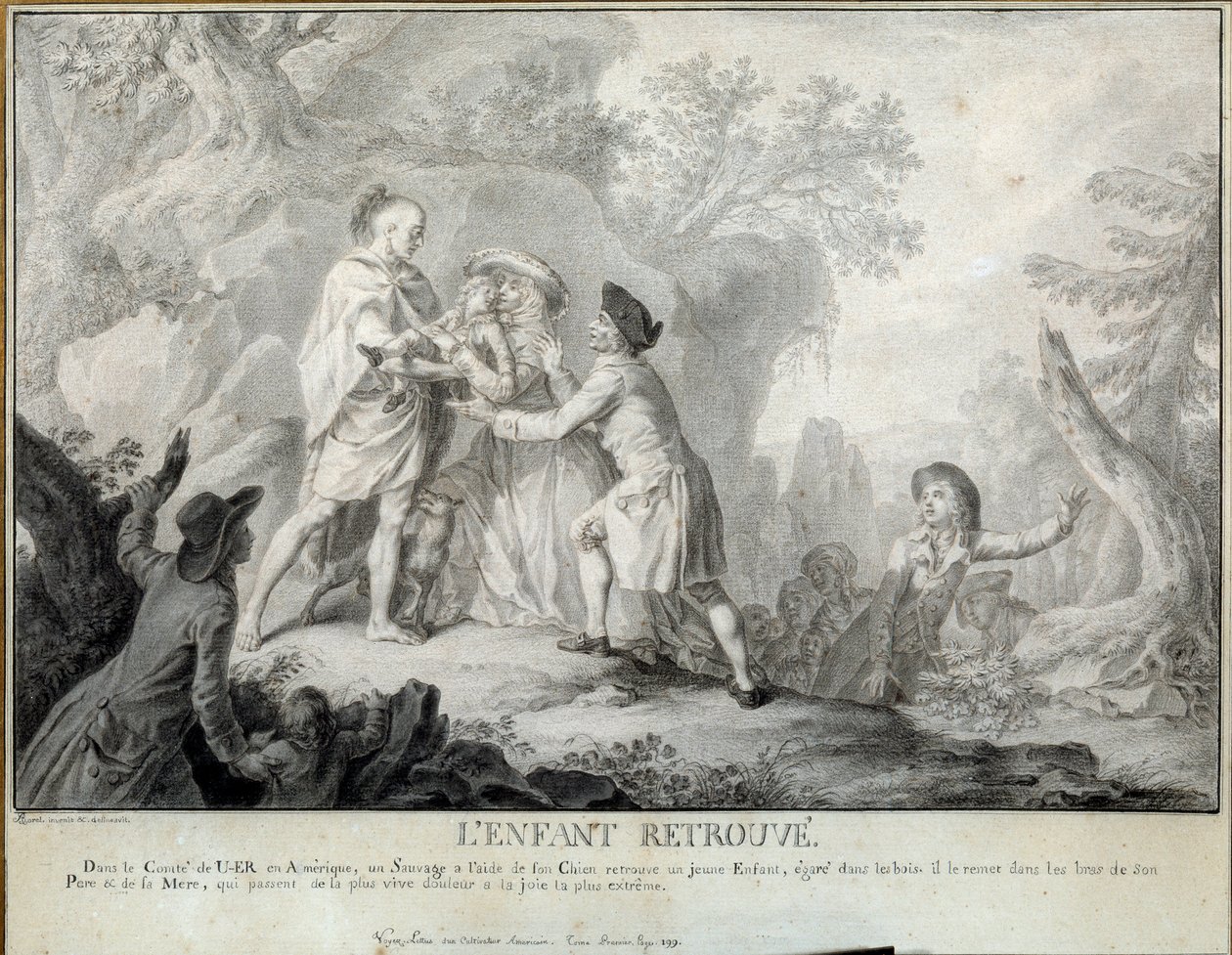Barnet hittar Illustration av "Letters of an American Farmer" av Saint John de Crevecoeur. Litografi av Antoine Borel (1743-1810) 1783 ungefär. Blerancourt. Musee Franco American av Antoine Borel