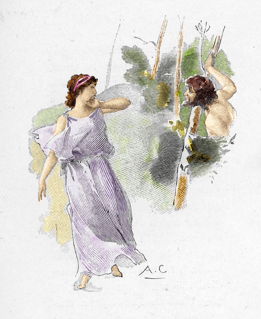 Odyssee av Homere: "" Nausicaa, dotter till kung Alcinoos ser Ulysses naken och svältande be henne om hjälp"" (Odysseus kommer ut från skogen helt naken, skrämmer bort tjänarna till Nausicaa, dotter till kung Alcinous, och ber henne lite hjälp) Il av Antoine Calbet