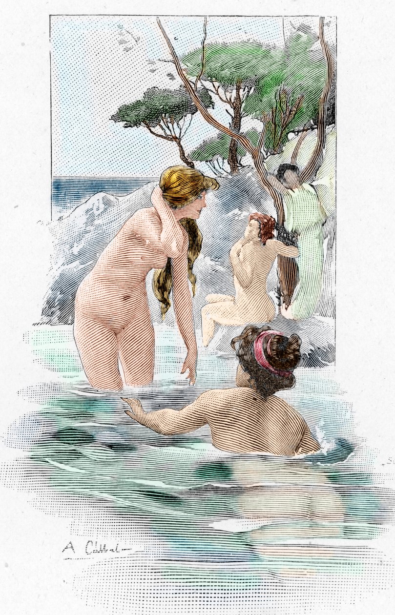 Odyssee av Homere: "Nausicaa, dotter till kung Alcinous, och hennes tjänarinnor som tvättar sina kläder i floden" Illustration av Antoine Calbet (1860-1944) för "The odyssee" av den grekiska poeten Homere (Odyssey av Homer) 1897 Privat samling av Antoine Calbet