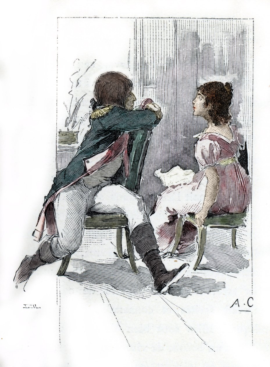 Porträtt av Napoleon Bonaparte (1769-1821) med sin fästmö Desiree Clary (1777-1860) ca. April 1795 (Porträtt av Desiree Clary vid tiden för hennes förlovning med Napoleon Bonaparte, april 1795) Teckning av Antoine Calbet hämtar från "Napoleon et les femmes av Antoine Calbet