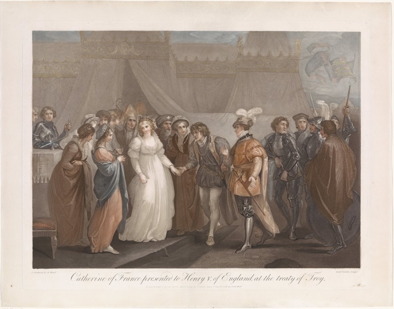 Catherine van Valois och konung Hendrik V van Engeland Catharine av Frankrike presenteras för Henry V. av England, vid fördraget i Troja (titel på objekt) av Antoine Cardon