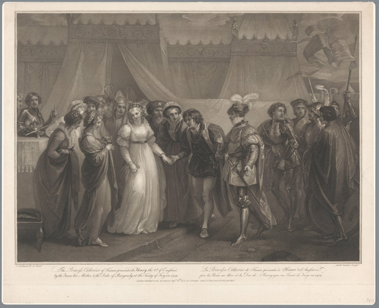 Catherine van Valois och konung Hendrik V van Engeland, 1420 Prinsessan Katarina av Frankrike presenterade för Henrik den 5:e av England (...) 1419 / La Princesse Catherine de France (...) (titel på objektet) av Antoine Cardon