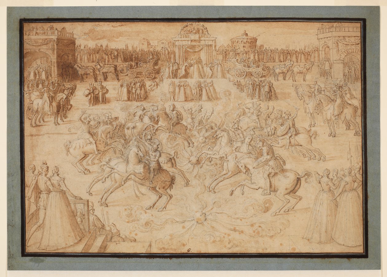 Ett ridspel med ryttare som tornerspelar bland fyrverkerier, 1575-c.1580 av Antoine Caron