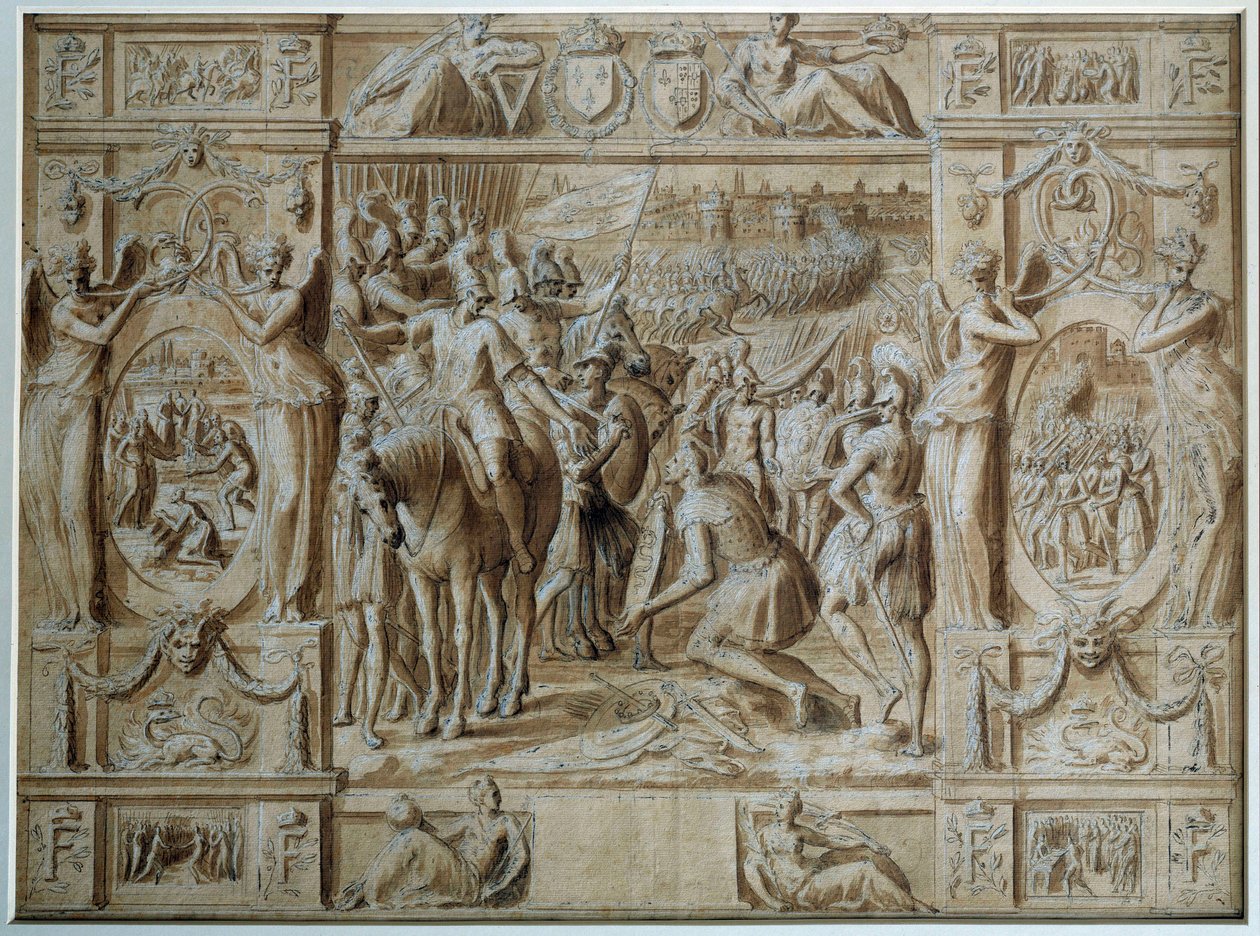 Milanos underkastelse Francois I:s trupper intog staden Milano efter seger i slaget vid Marignan 1515. Ritning i penna och tvätt av Antoine Caron (1521-1599) 1500-talets Paris, Louvren av Antoine Caron
