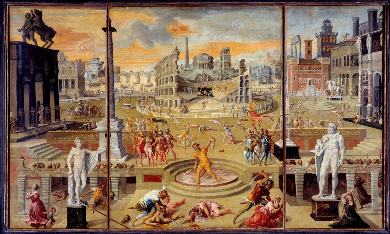 Triumviratets massakrer: detta är massakern på den republikanska oppositionen, den ägde rum i Rom 43 f.Kr. av Triumviratet av Octavius Cesar (Augustus), Antoine och Lepides. Målning av Antoine Caron (1521-1599). 1566. Sön. 1,16x1,95 m Paris. L av Antoine Caron