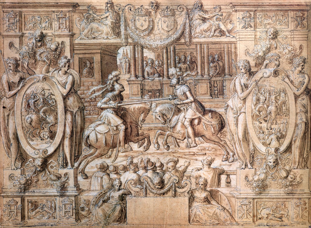 Turnering i samband med bröllopet mellan Catherine de Medici (1519-89) och Henri II (1519-59) 1533 (penna och på papper) av Antoine Caron