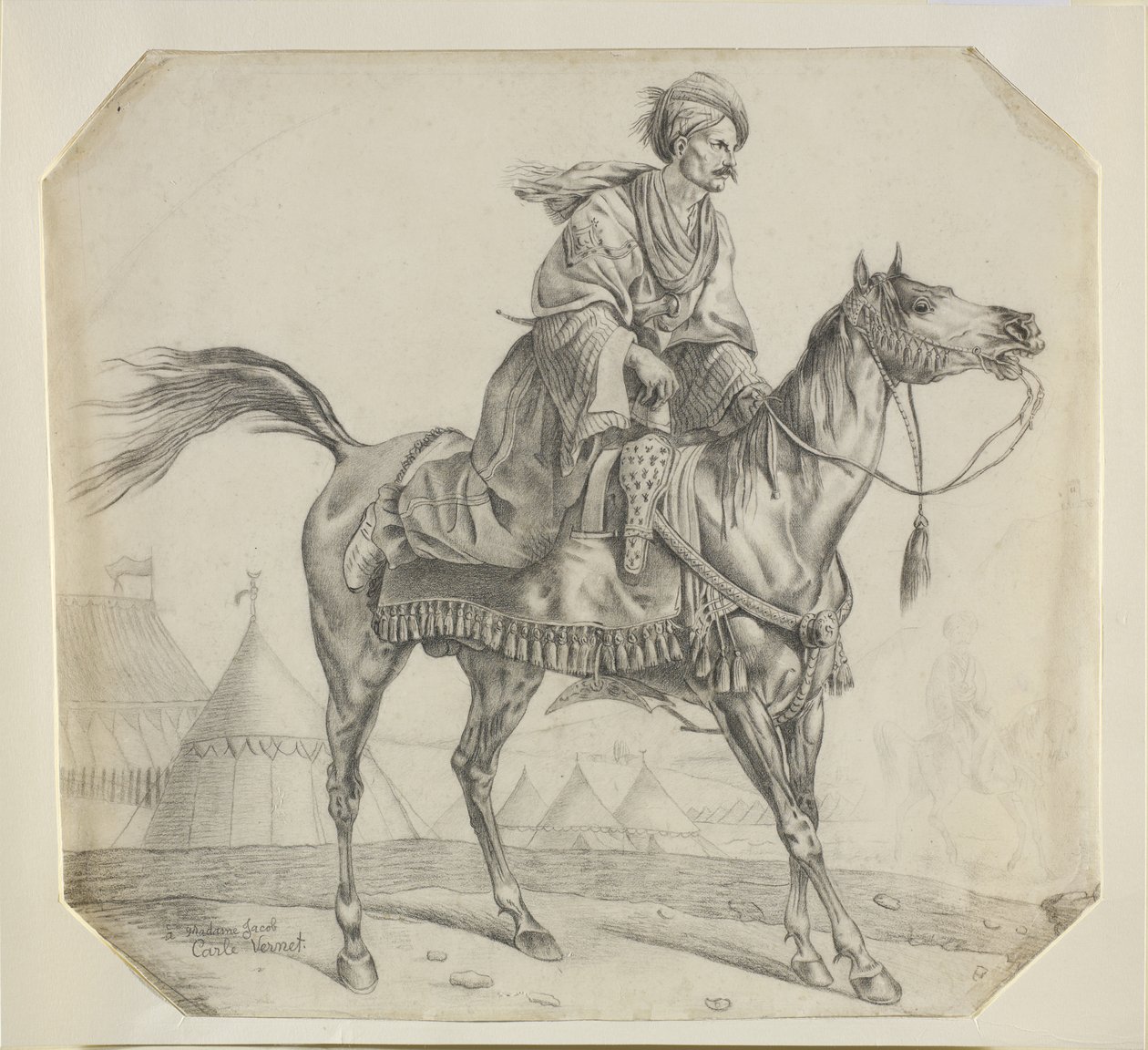 En mameluk som sätter sig på sin häst (svart krita på papper) av Antoine Charles Horace Vernet