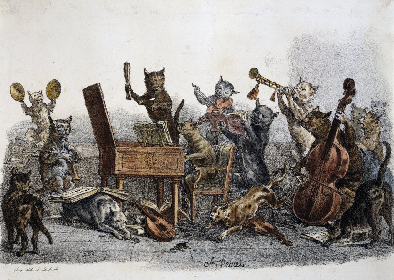 En amatörkonsert, karikatyr av katter som spelar musikinstrument, gravyr av Carle Vernet (1758-1836), Frankrike av Antoine Charles Horace Vernet