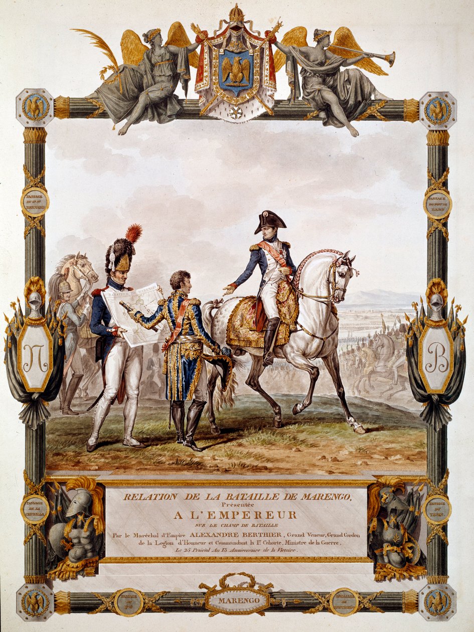 Frontispice av förhållandet till slaget vid Marengo den 14 juni 1800: Marechal Berthier visar stridsstrategin vid Napoleon I. Illustration av Antoine Dit Carle Vernet (1758-1836) av Antoine Charles Horace Vernet