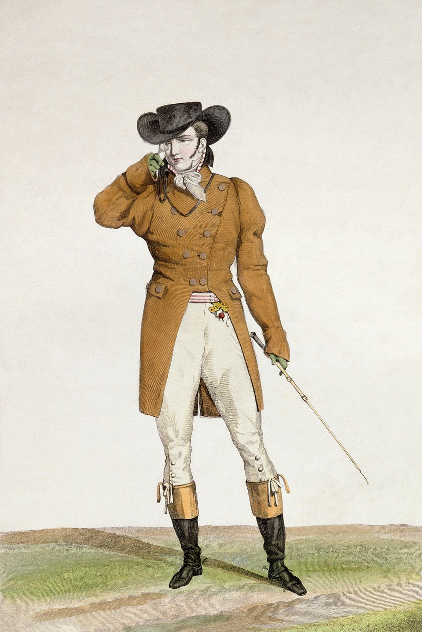 En Dandy klädd i en båtformad hatt, en dun-färgad jacka och byxor i buckskinn, tallrik 1 från serien 