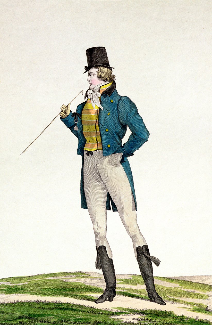 En Dandy i en Robinsonhatt, med barnsliga lockar, stickade byxor och ridstövlar, tallrik 5 i serien Incroyable et merveilleuse av modetallrikar, graverade av Georges Jacques Gatine (1773-1831) av Antoine Charles Horace Vernet