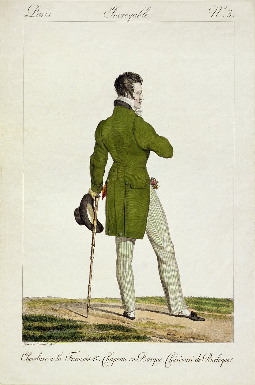 En Dandy med en "Francois I"-frisyr och en samling berlocker och prydnadssaker, tallrik 3 i "Incroyable et merveilleuses"-serien av modetallrikar, graverade av Georges Jacques Gatine (1773-1831) pub av Antoine Charles Horace Vernet