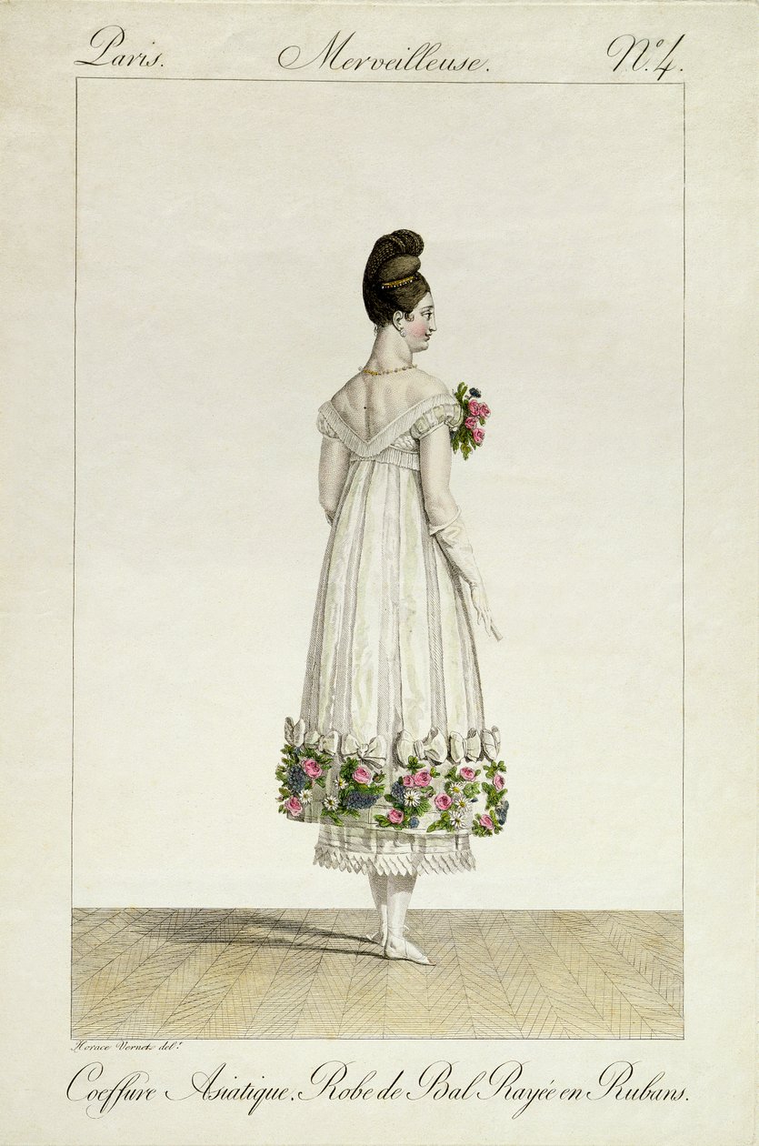 En dam med asiatisk frisyr i bollklänning med band, tavla 4 från serien "Incroyable et merveilleuse" av modeplåtar, graverad av Georges Jacques Gatine (1773-1831), publicerad 1 av Antoine Charles Horace Vernet