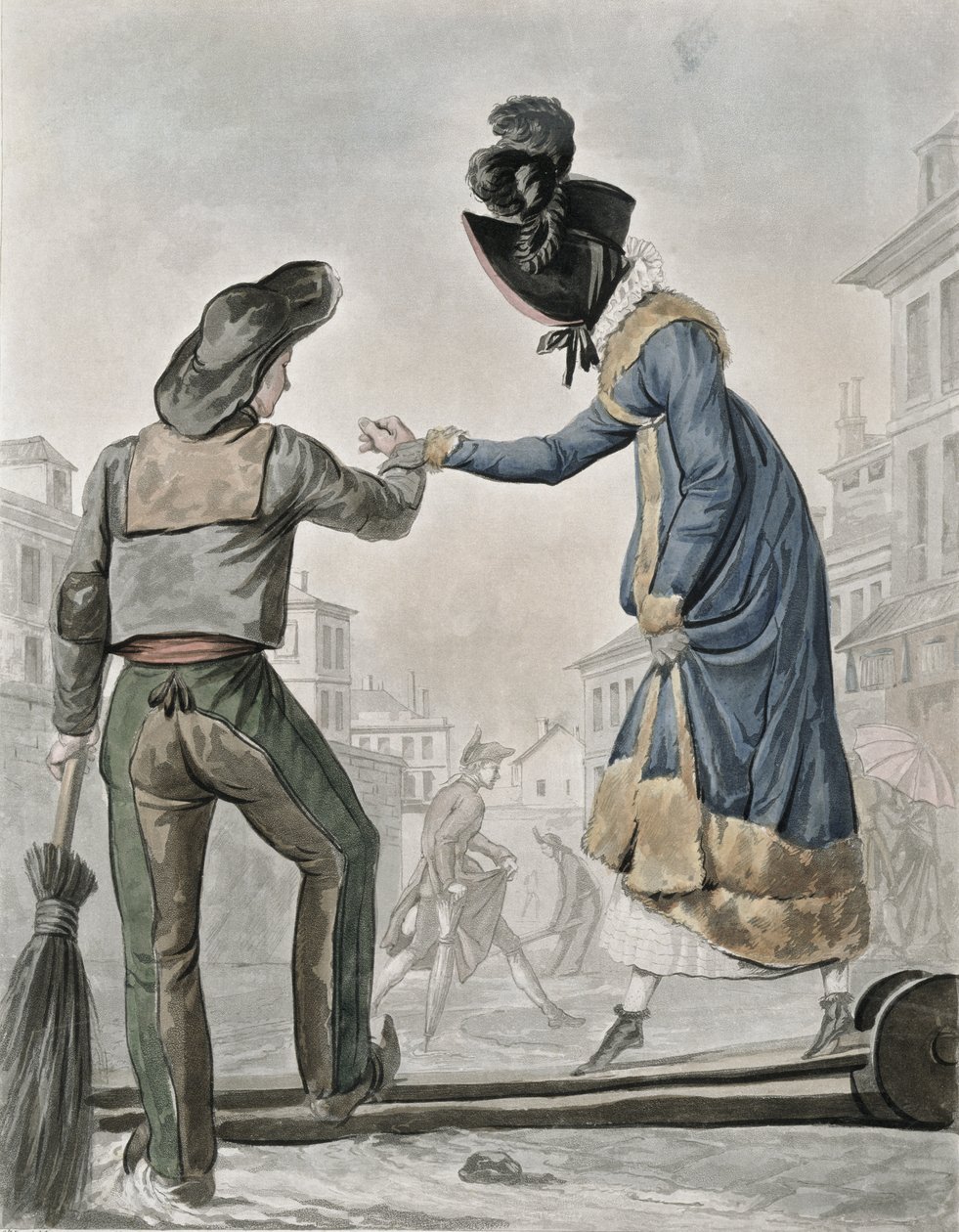 En kvinna som betalar en gatusopare för att korsa en landgång över en smutsig gata av Antoine Charles Horace Vernet