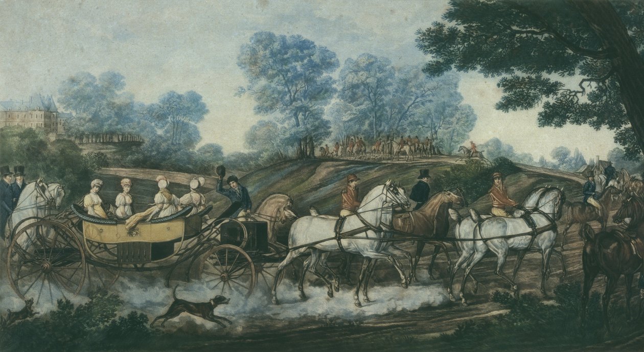Jaktmöte, graverad av Philibert Louis Debucourt (1755-1832) tidigt 1800-tal av Antoine Charles Horace Vernet