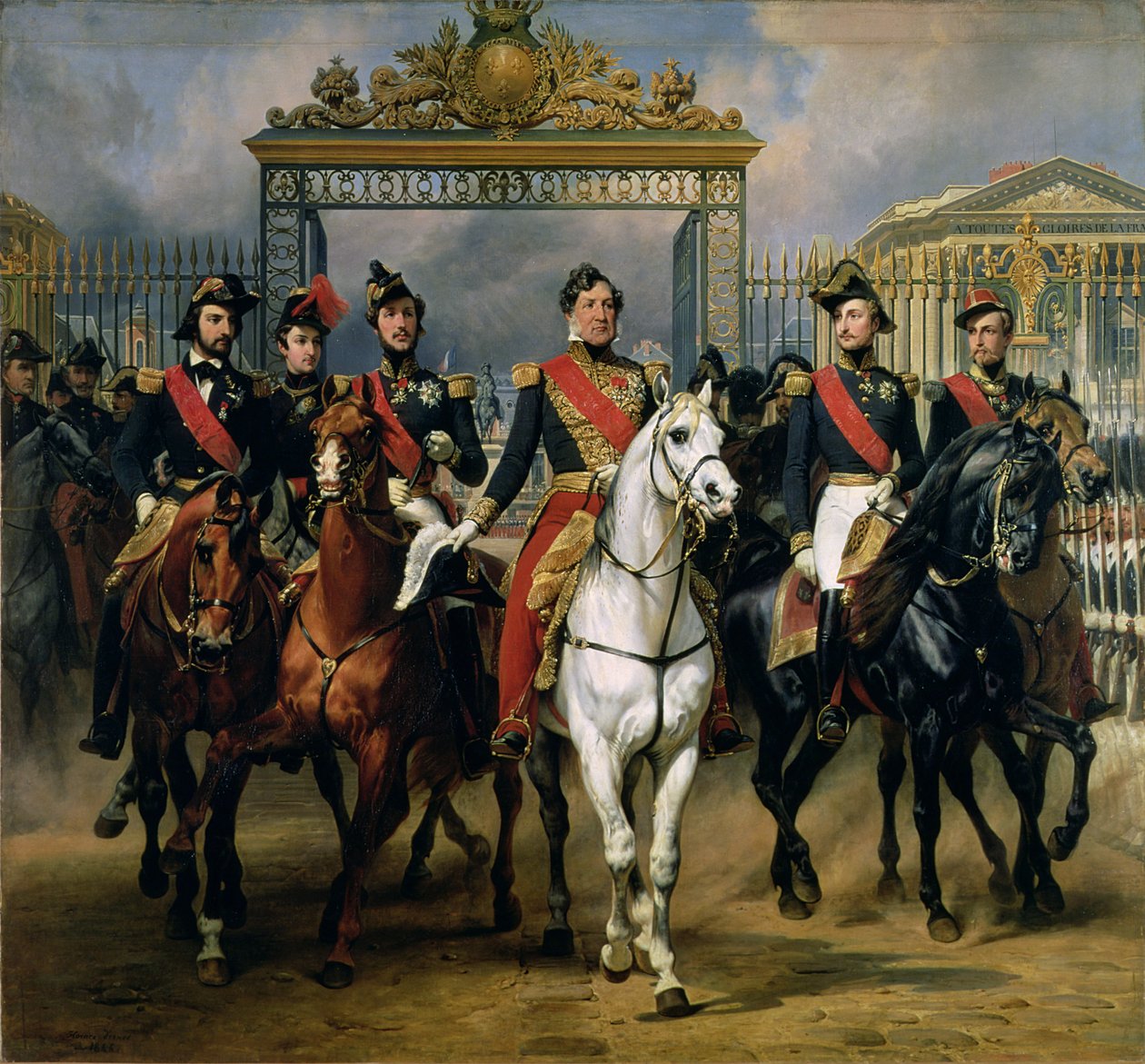Kung Louis-Philippe (1773-1850) av Frankrike och hans söner lämnar slottet Versailles till häst, 1846 av Antoine Charles Horace Vernet