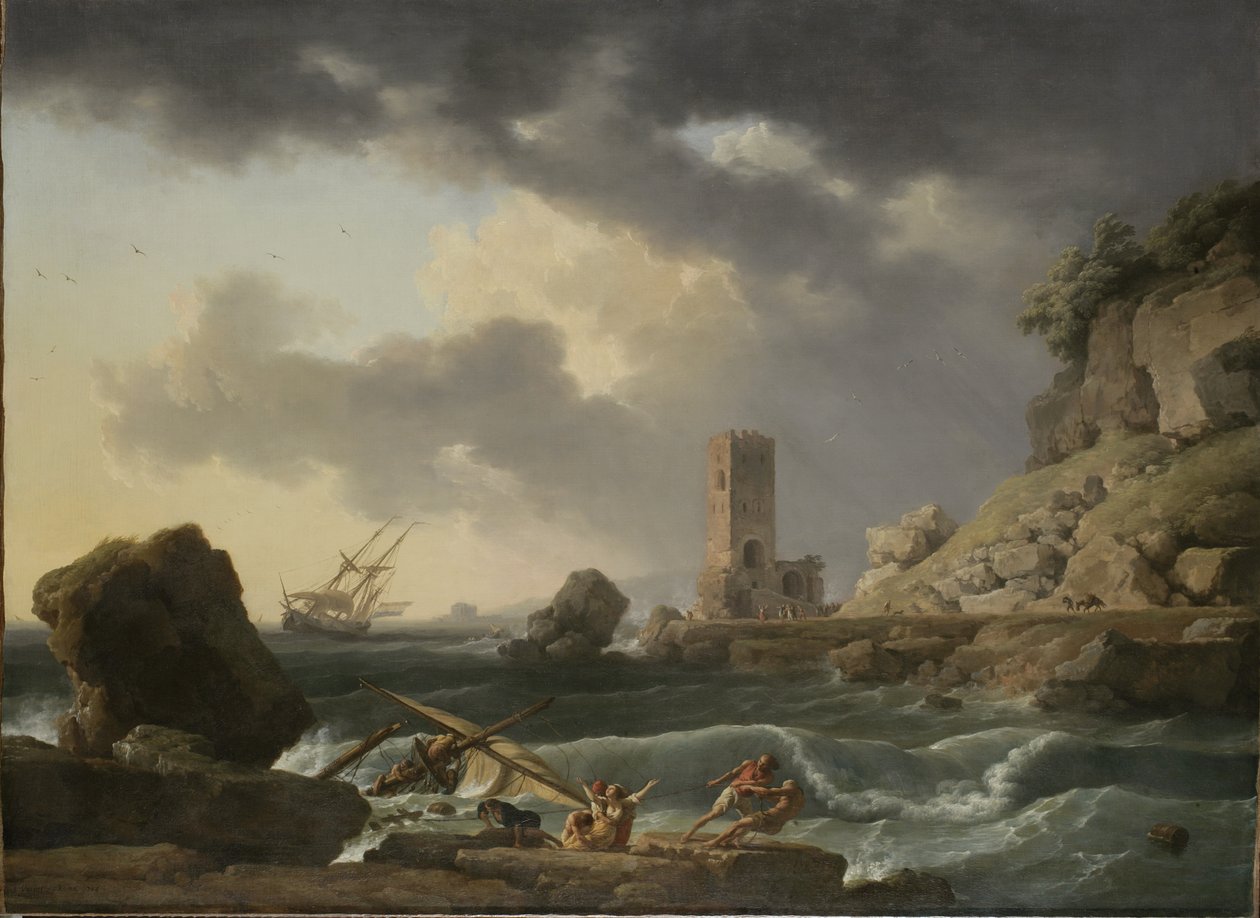 Klippigt kustlandskap med skeppsbrott, 1746 av Antoine Charles Horace Vernet