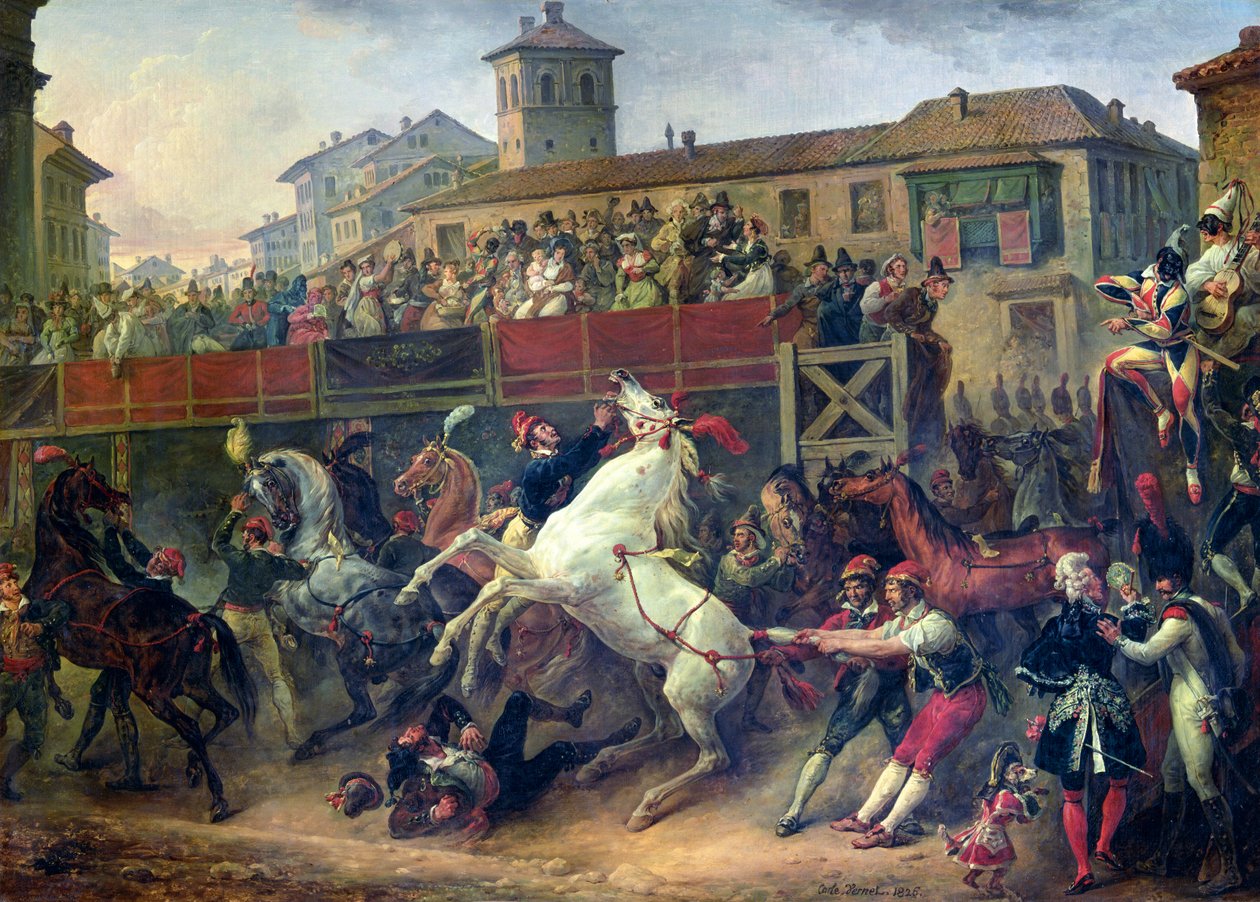 Scen av en hästkapplöpning utan hästar i Rom av Antoine Charles Horace Vernet