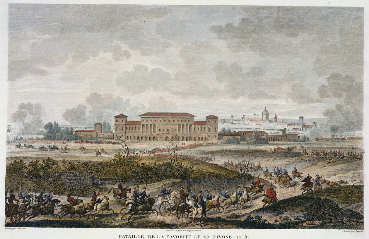 Slaget vid La Favorite, 25 Nivose, år 5 (januari 1797) graverad av Jean Duplessi-Bertaux (1747-1819) (akvatint) av Antoine Charles Horace Vernet